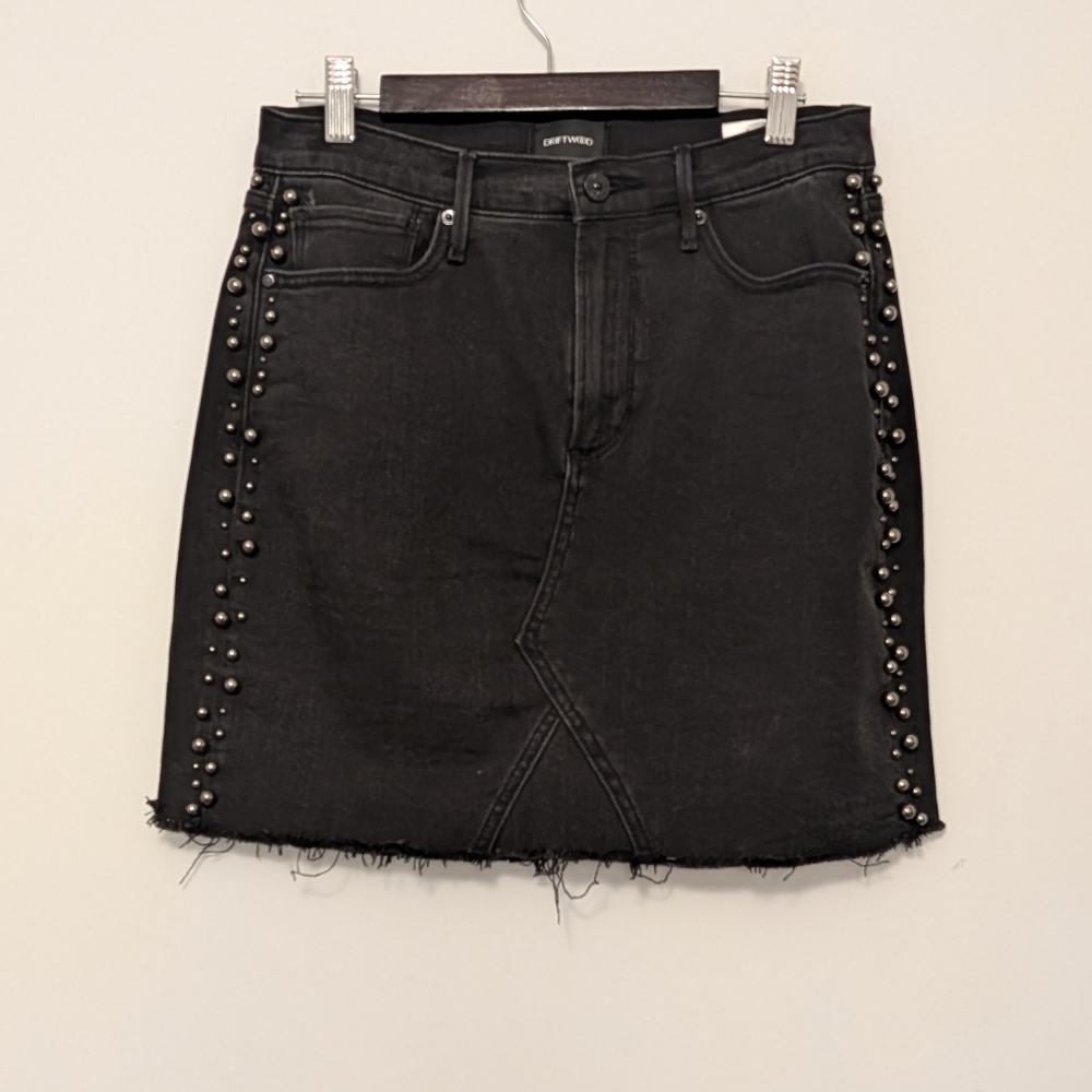 Anthropologie Driftwood Jeans Black Denim Studded Raw Hem Skirt Size 27